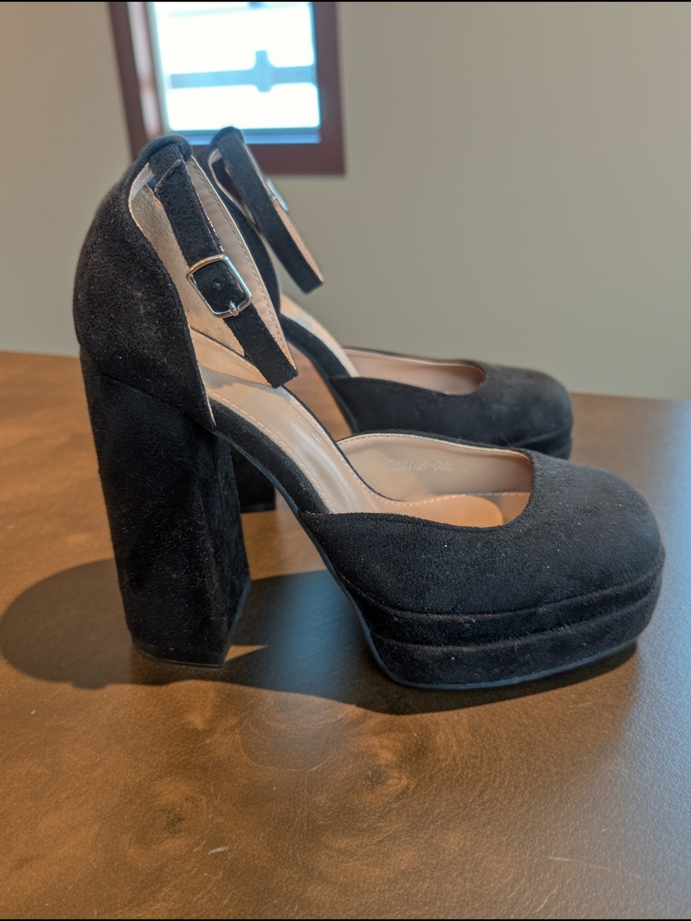 Black Suede Platform Block Heel Pumps with Ankle Strap